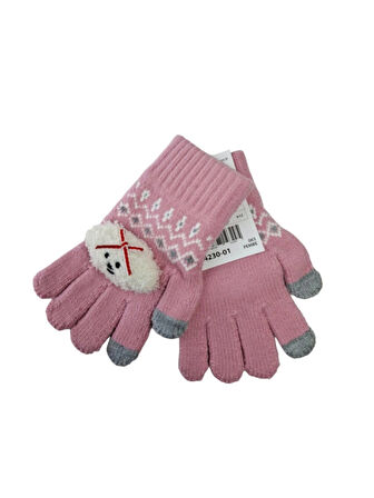 Spteks Kitti 4-8 Yaş Kız Çocuk Pembe Renk Bulut Figürlü Kışlık Örme Eldiven