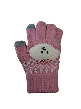 Spteks Kitti 4-8 Yaş Kız Çocuk Pembe Renk Bulut Figürlü Kışlık Örme Eldiven