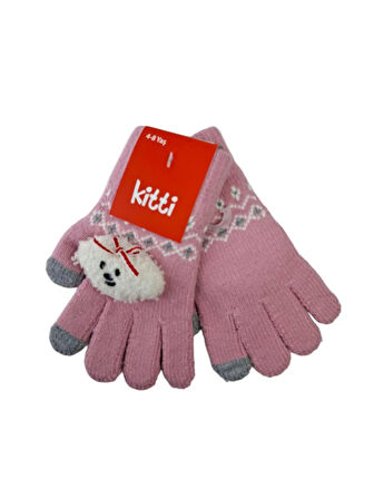 Spteks Kitti 4-8 Yaş Kız Çocuk Pembe Renk Bulut Figürlü Kışlık Örme Eldiven