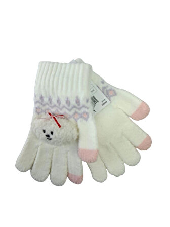 Spteks Kitti 4-8 Yaş Kız Çocuk Krem Renk Bulut Figürlü Kışlık Örme Eldiven
