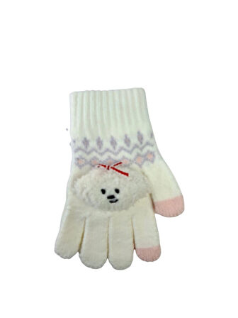 Spteks Kitti 4-8 Yaş Kız Çocuk Krem Renk Bulut Figürlü Kışlık Örme Eldiven