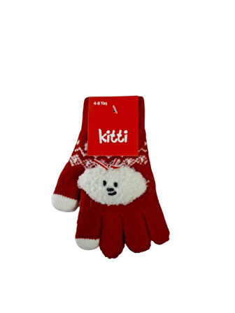 Spteks Kitti 4-8 Yaş Kız Çocuk Fuşya Renk Bulut Figürlü Kışlık Örme Eldiven