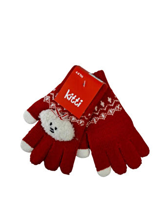 Spteks Kitti 4-8 Yaş Kız Çocuk Fuşya Renk Bulut Figürlü Kışlık Örme Eldiven