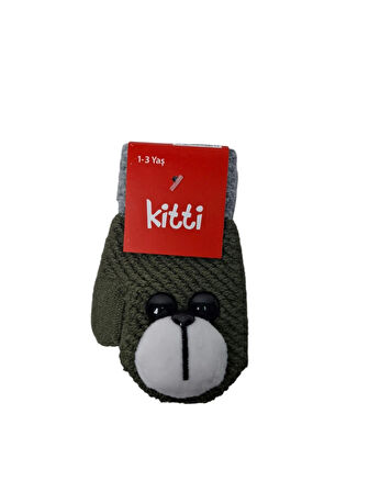 Spteks Kitti 1-3 Yaş Erkek Bebe Yeşil Renk Ayıcık Figürlü Kışlık Örme Eldiven