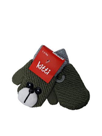 Spteks Kitti 1-3 Yaş Erkek Bebe Yeşil Renk Ayıcık Figürlü Kışlık Örme Eldiven