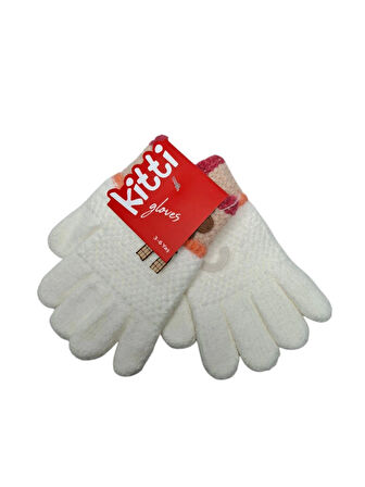 Spteks Kitti 3-6 Yaş Kız Çocuk Krem Renk Çiçek Figürlü Kışlık Örme Eldiven