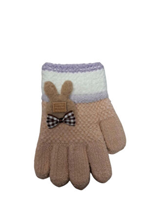 Spteks Kitti  3-6 Yaş Kız Çocuk Pudra Renk Tavşan Figürlü Kışlık Örme Eldiven
