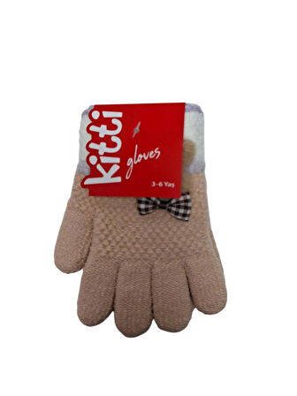 Spteks Kitti  3-6 Yaş Kız Çocuk Pudra Renk Tavşan Figürlü Kışlık Örme Eldiven