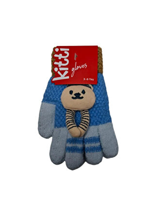 Spteks Kitti 3-6 Yaş Erkek Çocuk Mavi Renk Anaokulu Maskot Figürlü Kışlık Örme Eldiven
