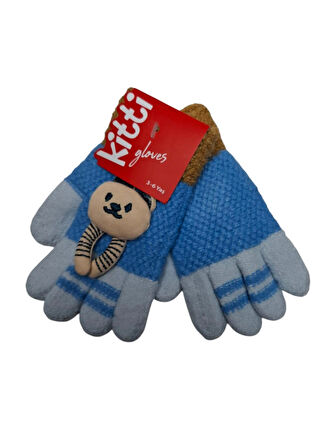 Spteks Kitti 3-6 Yaş Erkek Çocuk Mavi Renk Anaokulu Maskot Figürlü Kışlık Örme Eldiven