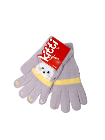 Spteks Kitti 4-8 Yaş Kız Çocuk Lila Renk Hayvan Figürlü Kışlık Örme Eldiven