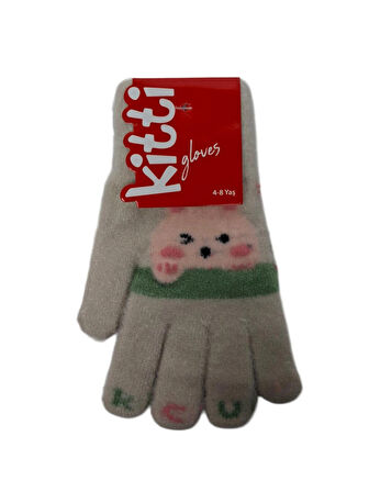 Spteks Kitti 4-8 Yaş Kız Çocuk Orta Bej Renk Hayvan Figürlü Kışlık Örme Eldiven