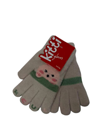 Spteks Kitti 4-8 Yaş Kız Çocuk Orta Bej Renk Hayvan Figürlü Kışlık Örme Eldiven