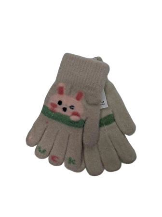 Spteks Kitti 4-8 Yaş Kız Çocuk Orta Bej Renk Hayvan Figürlü Kışlık Örme Eldiven