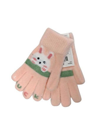 Spteks Kitti 4-8 Yaş Kız Çocuk Pudra Renk Hayvan Figürlü Kışlık Örme Eldiven