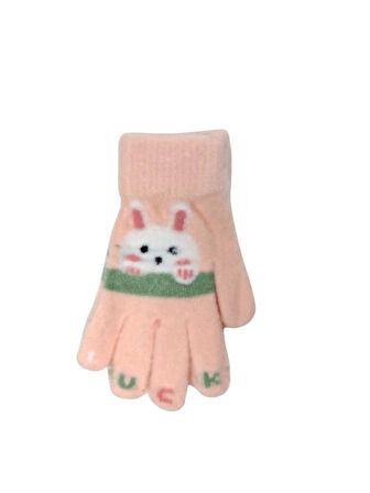 Spteks Kitti 4-8 Yaş Kız Çocuk Pudra Renk Hayvan Figürlü Kışlık Örme Eldiven