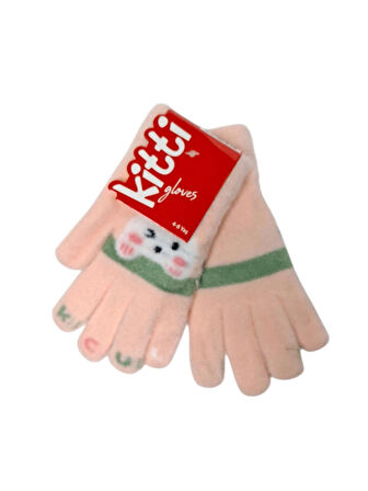 Spteks Kitti 4-8 Yaş Kız Çocuk Pudra Renk Hayvan Figürlü Kışlık Örme Eldiven