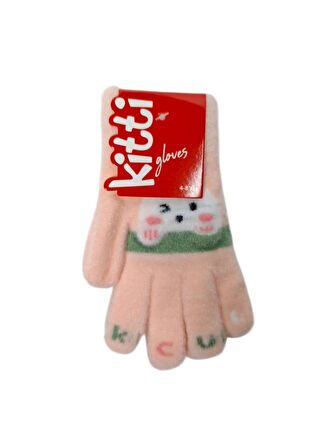 Spteks Kitti 4-8 Yaş Kız Çocuk Pudra Renk Hayvan Figürlü Kışlık Örme Eldiven