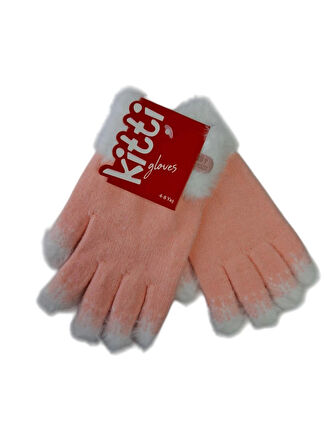 Spteks Kitti 4-8 Yaş Kız Çocuk Açık Pembe Arma Figürlü Kışlık Örme Eldiven