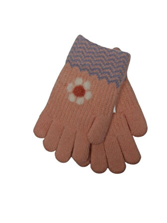 Spteks Kitti 4-8 Yaş Kız Çocuk Açık Pembe Renk Çiçek Desenli Örme Kışlık Eldiven