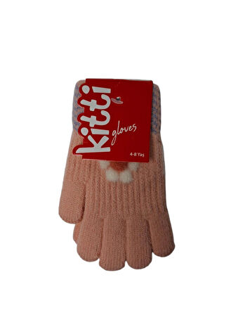 Spteks Kitti 4-8 Yaş Kız Çocuk Açık Pembe Renk Çiçek Desenli Örme Kışlık Eldiven