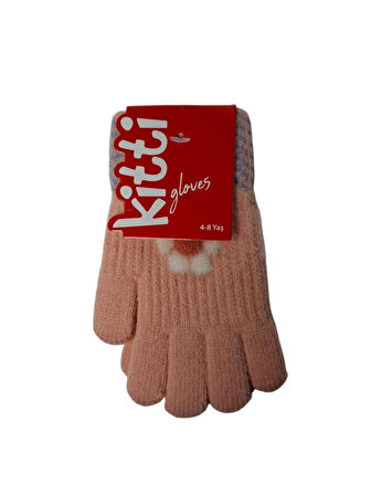Spteks Kitti 4-8 Yaş Kız Çocuk Açık Pembe Renk Çiçek Desenli Örme Kışlık Eldiven