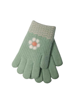 Spteks Kitti 4-8 Yaş Kız Çocuk Mint Renk Çiçek Desenli Kışlık Örme Eldiven