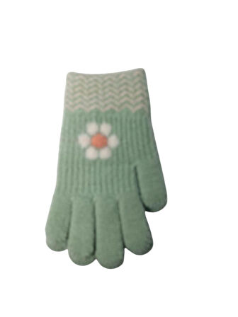 Spteks Kitti 4-8 Yaş Kız Çocuk Mint Renk Çiçek Desenli Kışlık Örme Eldiven