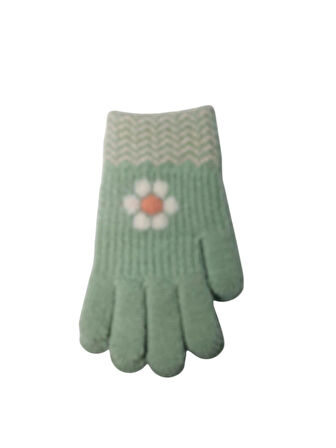 Spteks Kitti 4-8 Yaş Kız Çocuk Mint Renk Çiçek Desenli Kışlık Örme Eldiven