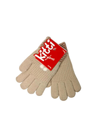 Spteks Kitti 4-8 Yaş Kız Çocuk Bej Renk Çiçek Desenli Kışlık Örme Eldiven