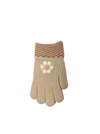 Spteks Kitti 4-8 Yaş Kız Çocuk Bej Renk Çiçek Desenli Kışlık Örme Eldiven