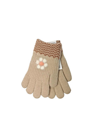 Spteks Kitti 4-8 Yaş Kız Çocuk Bej Renk Çiçek Desenli Kışlık Örme Eldiven