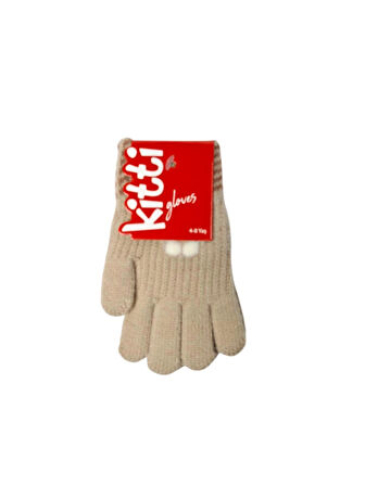 Spteks Kitti 4-8 Yaş Kız Çocuk Bej Renk Çiçek Desenli Kışlık Örme Eldiven