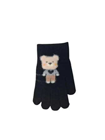 Spteks Kitti 4-8 Yaş Erkek Çocuk Siyah Renk Ayıcık Figürlü Kışlık Örme Eldiven