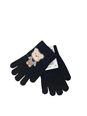 Spteks Kitti 4-8 Yaş Erkek Çocuk Siyah Renk Ayıcık Figürlü Kışlık Örme Eldiven