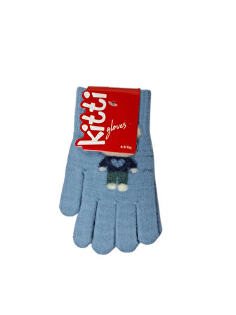 Spteks Kitti 4-8 Yaş Erkek Çocuk Açık Mavi Renk Ayıcık Figürlü Kışlık Örme Eldiven