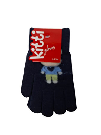 Spteks Kitti 4-8 Yaş Erkek Çocuk Lacivert Renk Ayıcık Figürlü Kışlık Örme Eldiven