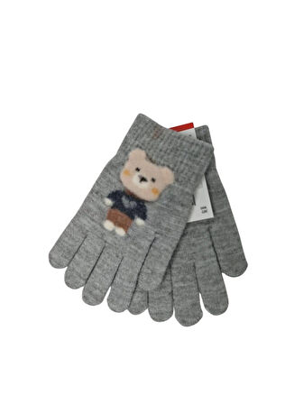 Spteks Kitti 4-8 Yaş Erkek Çocuk Gri Renk Ayıcık Figürlü Kışlık Örme Eldiven