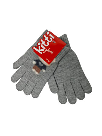 Spteks Kitti 4-8 Yaş Erkek Çocuk Gri Renk Ayıcık Figürlü Kışlık Örme Eldiven
