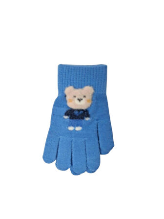 Spteks Kitti 4-8 Yaş Erkek Çocuk Mavi Renk Ayıcık Figürlü Kışlık Örme Eldiven