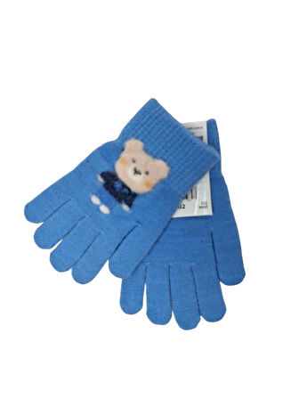 Spteks Kitti 4-8 Yaş Erkek Çocuk Mavi Renk Ayıcık Figürlü Kışlık Örme Eldiven
