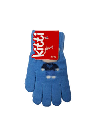 Spteks Kitti 4-8 Yaş Erkek Çocuk Mavi Renk Ayıcık Figürlü Kışlık Örme Eldiven