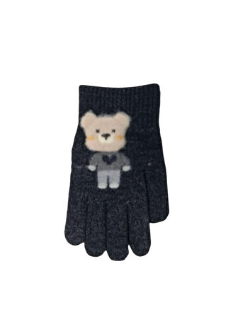 Spteks Kitti 4-8 Yaş Erkek Çocuk Antrasit Renk Ayıcık Figürlü Kışlık Örme Eldiven