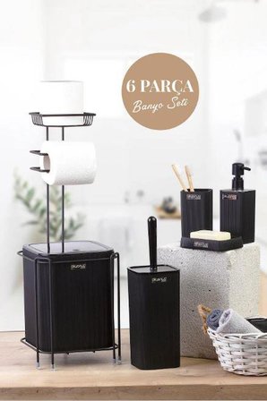 Okyanus Home Mina, Kare 6 Parça Wc Kağıtlık Ve Banyo Seti Siyah 