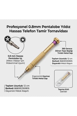 Profesyonel 0.8 Mm Pentalobe Yıldız Hassas Telefon Tamir Tornavidası Metal Kaymaz Sap 12 Cm