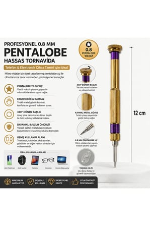 Profesyonel 0.8 Mm Pentalobe Yıldız Hassas Telefon Tamir Tornavidası Metal Kaymaz Sap 12 Cm