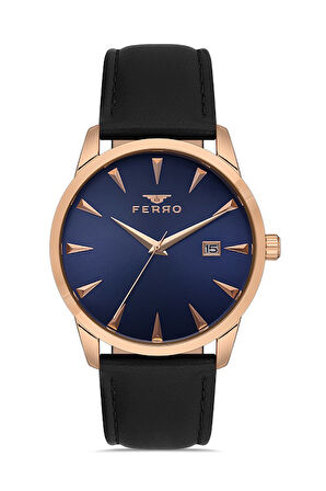 Ferro F11368B-R3 Quartz Deri Siyah Lacivert Kadran 41 mm Erkek Kol Saati