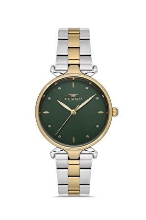 Ferro FL40115A-D10 Quartz Çelik Altın/Gri Yeşil Kadran 32 mm Kadın Kol Saati