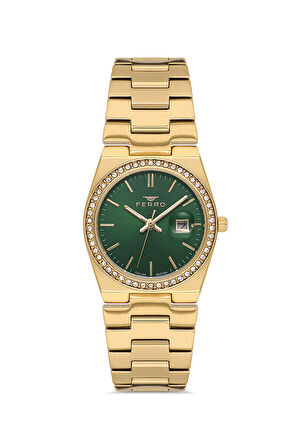 Ferro FL21596AWT-B6 Quartz Çelik Altın Rengi Yeşil Kadran 30 mm Kadın Kol Saati