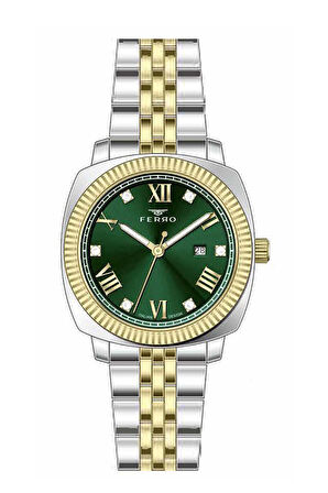 Ferro FL21625AWT-D6 Quartz Çelik Altın/Gri Yeşil Kadran 32 mm Kadın Kol Saati